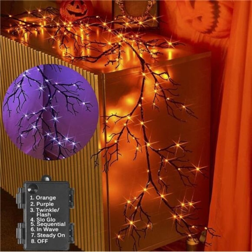 6FT Halloween Garland w/ 120 Orange & Purple Lights-8 Functions,Battery Operated